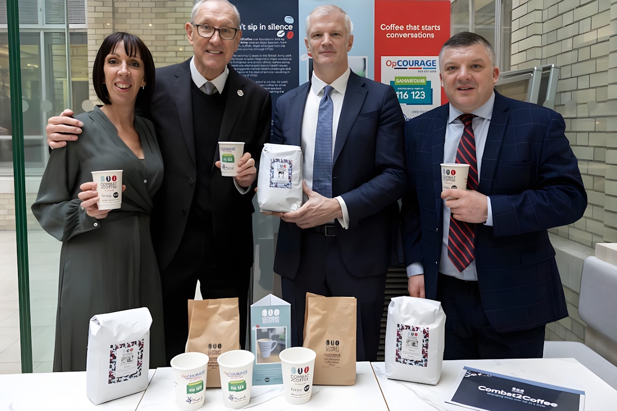 Terry Butcher and the Combat2Coffee team joined by Minister Carns at the MoD building in Whitehall